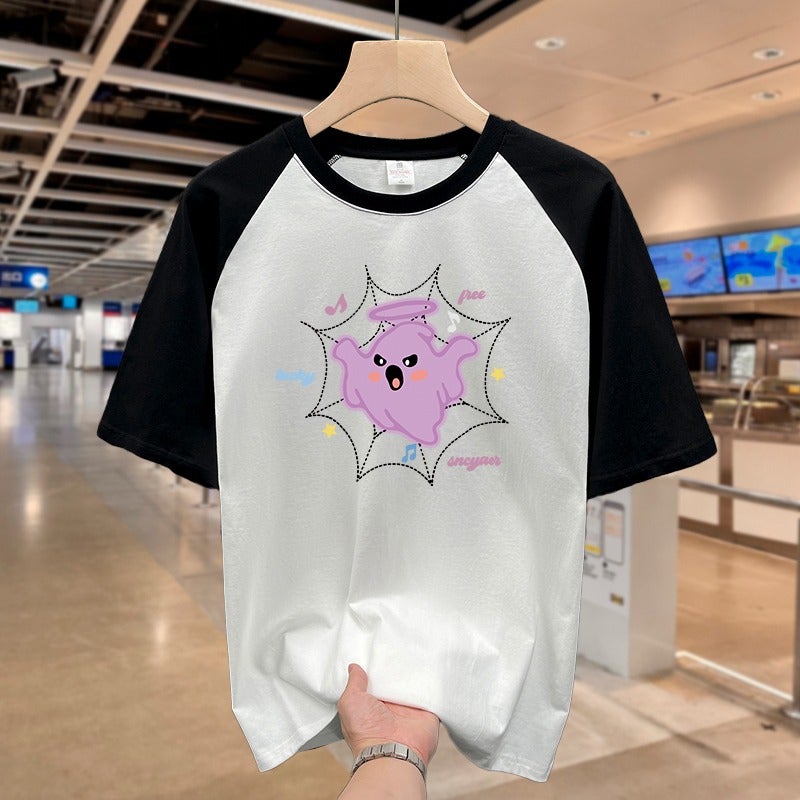 American Cute Ghost Pure Cotton Short-Sleeved T-Shirt For Men And Women Summer Girl Preppy Style Couple Tops - Image 1