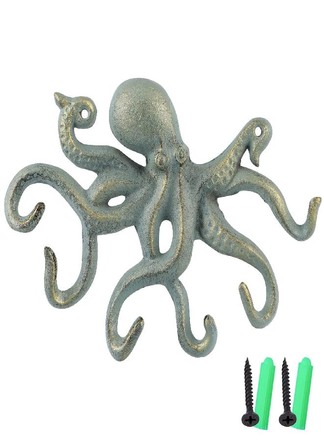 MDLUU MDLUU Octopus Hook, Nautical Wall Hook, Antique Key Holder Hook, Cast Iron Hook for Coat, Hand Towel, Bathrobe, Jacket(Gold Green) - Image 3