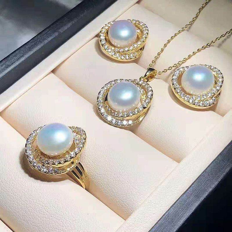 Generic Cross-border explosions micro inlaid pearl suit pendant earrings ring female Korean clavicle chain temperament Joker wholesale jewelry Three-piece set of blooming wealth 