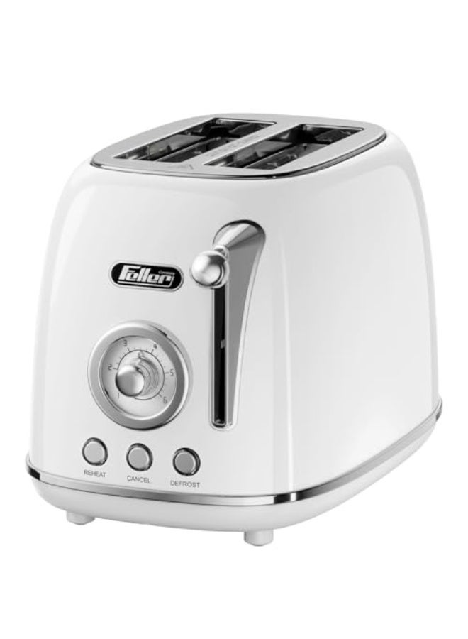 Feller Germany, Retro Style 2-Slice Toaster, 815 W, Steel Body, Steel Dust Cover & Bun Warmer,Defrost, Reheat & Cancel Function,Removable Crumb Tray, TO290, (Glossy White)