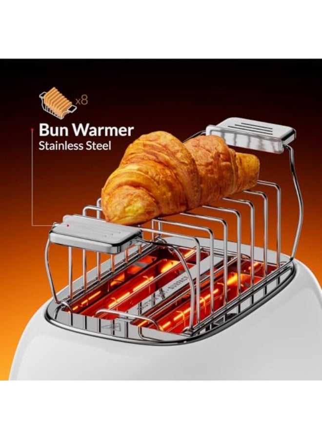 Feller Germany, Retro Style 2-Slice Toaster, 815 W, Steel Body, Steel Dust Cover & Bun Warmer,Defrost, Reheat & Cancel Function,Removable Crumb Tray, TO290, (Glossy White) - Image 3