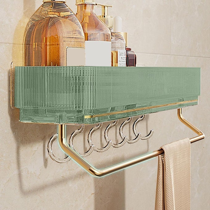 BATHROOM STORAGE SHELF STYLISH DESIGN EXTRA SPACE KITCHEN WALL MOUNTED SHELF GREEN TYPE WITH HOOK AND TOWEL BAR