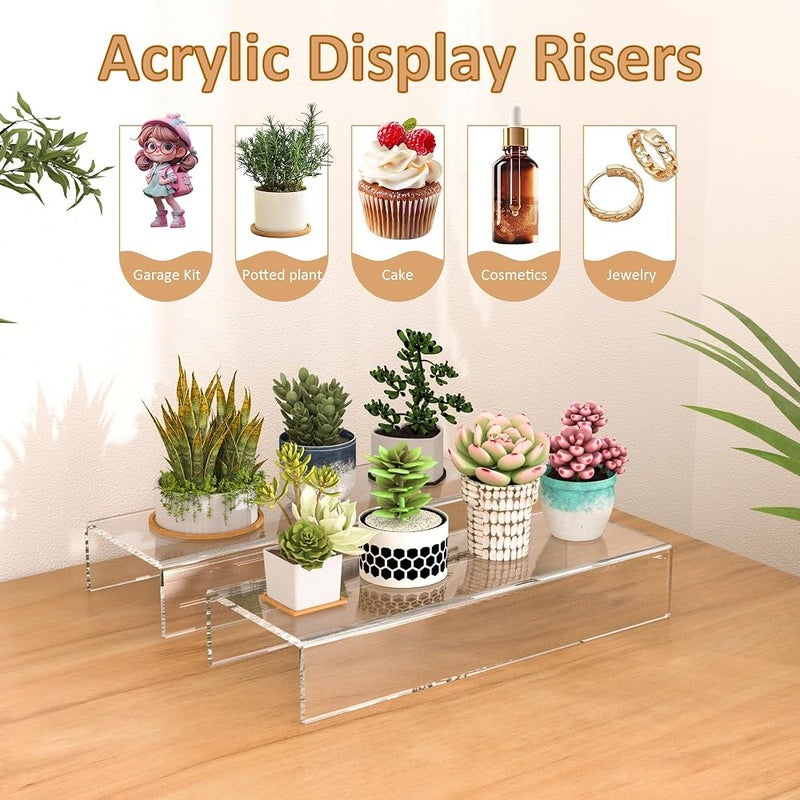 TERRIFI Acrylic Shelf Riser 12x4.3x2 Inch Pack of 2, Clear Display Shelf for Shoes Glasses Plants and Perfume, Sturdy Crystal Acrylic Riser for Home Decors and Collectibles Organizer - Image 2
