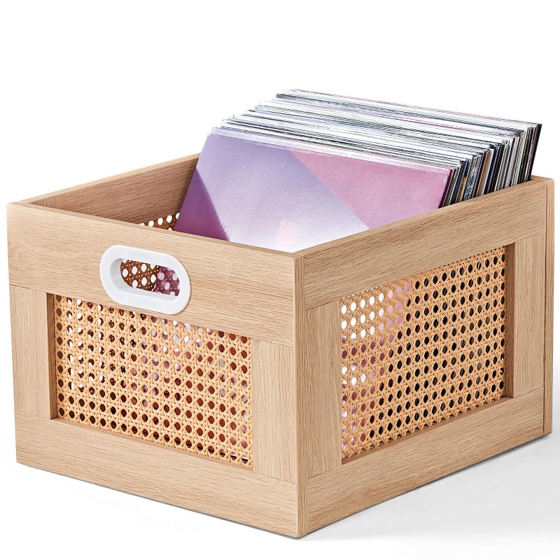 LELELINKY Vinyl Record Storage Crate, Rattan Vinyl Record Holder with Handle, Natural Wood Record Crate for Vinyls Holder up to 75 LP's, Desktop Cube Album Storage for Vinyls Records - Image 1