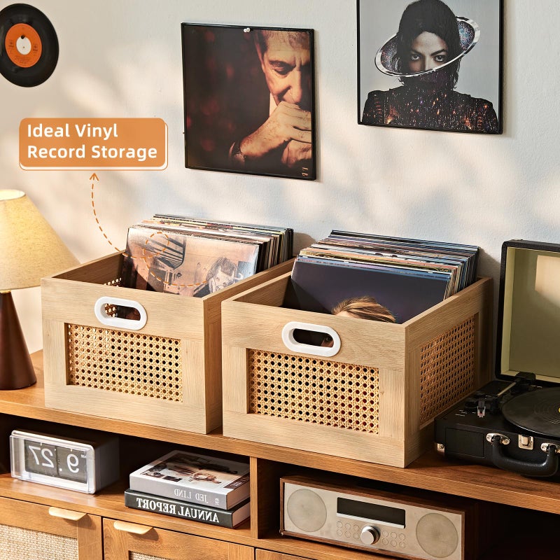 LELELINKY Vinyl Record Storage Crate, Rattan Vinyl Record Holder with Handle, Natural Wood Record Crate for Vinyls Holder up to 75 LP's, Desktop Cube Album Storage for Vinyls Records - Image 3