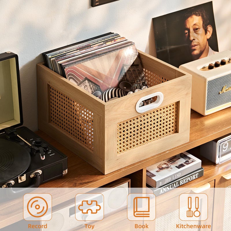 LELELINKY Vinyl Record Storage Crate, Rattan Vinyl Record Holder with Handle, Natural Wood Record Crate for Vinyls Holder up to 75 LP's, Desktop Cube Album Storage for Vinyls Records - Image 4