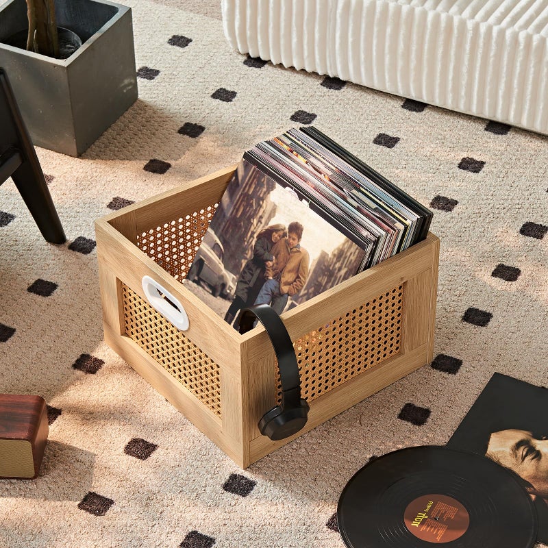 LELELINKY Vinyl Record Storage Crate, Rattan Vinyl Record Holder with Handle, Natural Wood Record Crate for Vinyls Holder up to 75 LP's, Desktop Cube Album Storage for Vinyls Records - Image 5