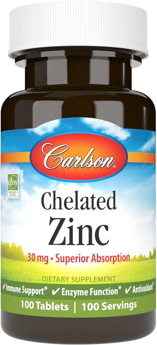 Carlson  Chelated Zinc 30 mg  Superior Absorption Immune Support  Enzyme Function Antioxidant 100 tablets - Image 1