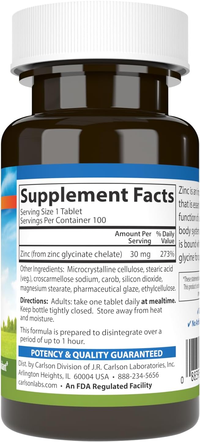 Carlson  Chelated Zinc 30 mg  Superior Absorption Immune Support  Enzyme Function Antioxidant 100 tablets - Image 2