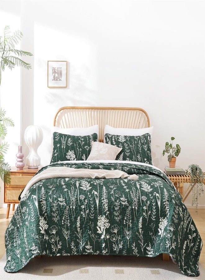JANZAA Quilts Queen Size Emerald Green Floral Queen Quilt Bedding Set Microfiber Boho Bedspread Lightweight Reversible Coverlet 1 Quilt 90x90 inches with 2 Pillow Cases - Image 5