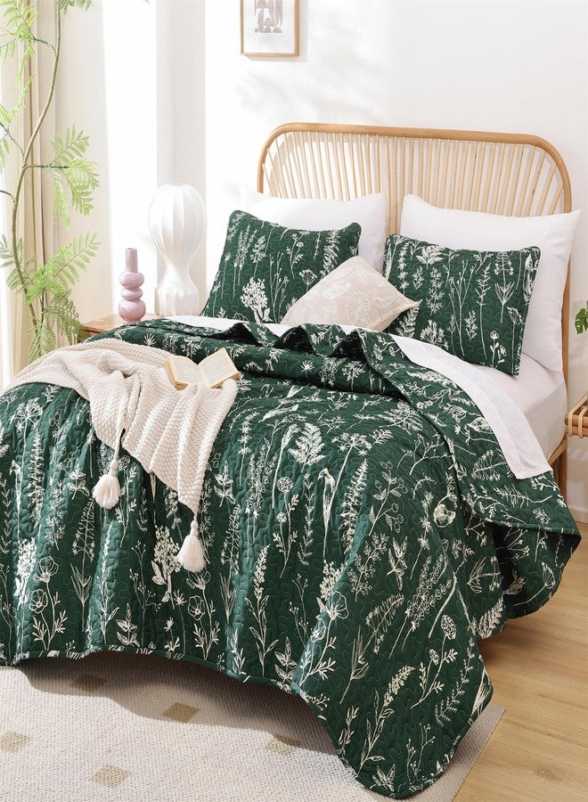 JANZAA Quilts Queen Size Emerald Green Floral Queen Quilt Bedding Set Microfiber Boho Bedspread Lightweight Reversible Coverlet 1 Quilt 90x90 inches with 2 Pillow Cases - Image 1