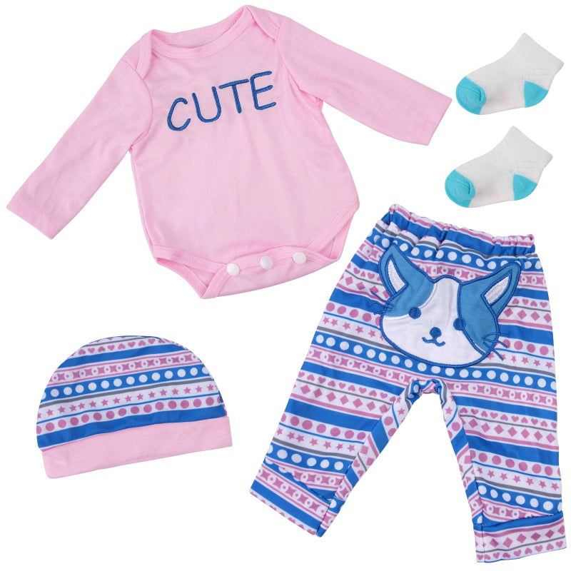 BABESIDE 4 Pcs Reborn Baby Doll Clothes Set for 17-22 Inch Babydolls, Cute Cat Pattern Baby Doll Accessories with Hat Socks for Realistic Baby Dolls Accessories, Pink - Image 1