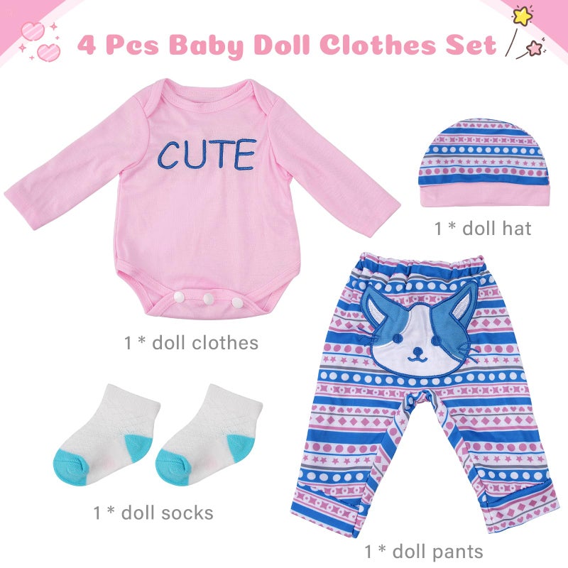 BABESIDE 4 Pcs Reborn Baby Doll Clothes Set for 17-22 Inch Babydolls, Cute Cat Pattern Baby Doll Accessories with Hat Socks for Realistic Baby Dolls Accessories, Pink - Image 5