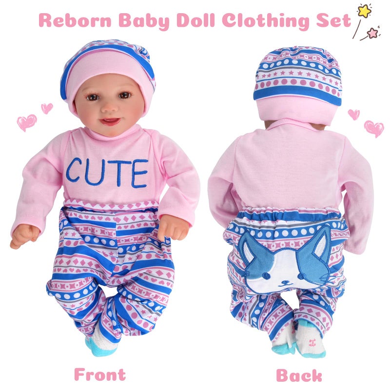 BABESIDE 4 Pcs Reborn Baby Doll Clothes Set for 17-22 Inch Babydolls, Cute Cat Pattern Baby Doll Accessories with Hat Socks for Realistic Baby Dolls Accessories, Pink - Image 4