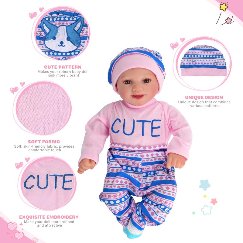 BABESIDE 4 Pcs Reborn Baby Doll Clothes Set for 17-22 Inch Babydolls, Cute Cat Pattern Baby Doll Accessories with Hat Socks for Realistic Baby Dolls Accessories, Pink - Image 2
