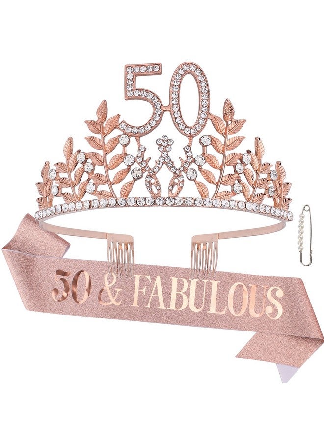 Semato Semato 50 & Fabulous Birthday Crown and Sash Kit- 50th Birthday Gifts for Women 50th Birthday Party Supplies (rose gold)  - Image 1