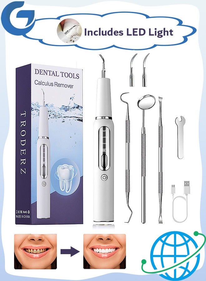 مانجي قشارة الأسنان بالموجات فوق الصوتية للأسنان ، مزيل حساب التفاضل والتكامل للأسنان مع ضوء LED و 3 أوضاع قابلة للتعديل ، منظف أسنان قابل لإعادة الشحن 2 رأس قابل للاستبدال (أبيض) - Image 1