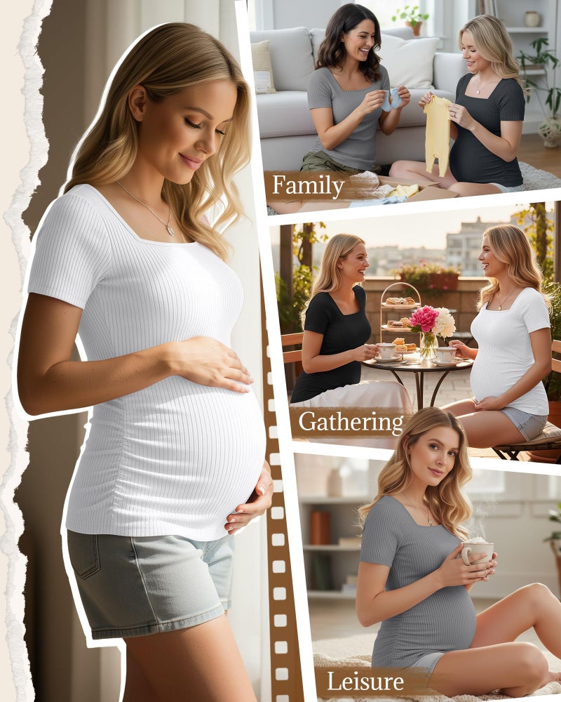 Huukeay 4 Pack Women's Maternity Shirts Cotton Ribbed Short Sleeve Square Neck Pregnancy Tops Side Ruched Summer Tee(Black, Dark Gray, Light Gary, White,Medium) - Image 4