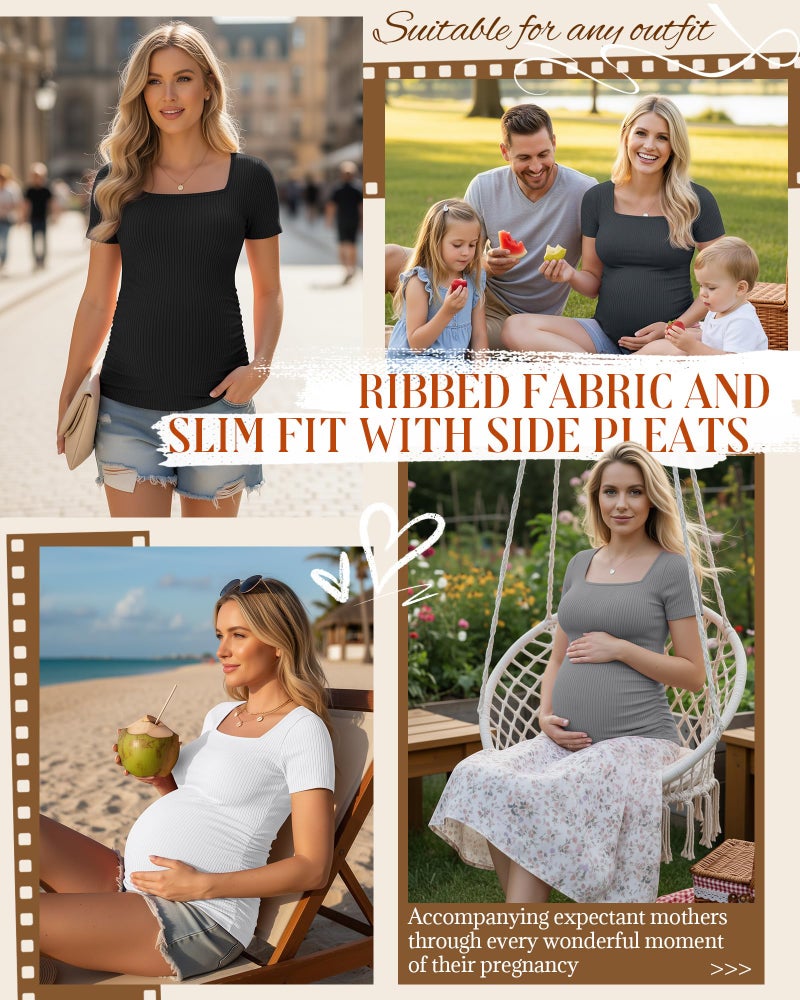 Huukeay 4 Pack Women's Maternity Shirts Cotton Ribbed Short Sleeve Square Neck Pregnancy Tops Side Ruched Summer Tee(Black, Dark Gray, Light Gary, White,Medium) - Image 3