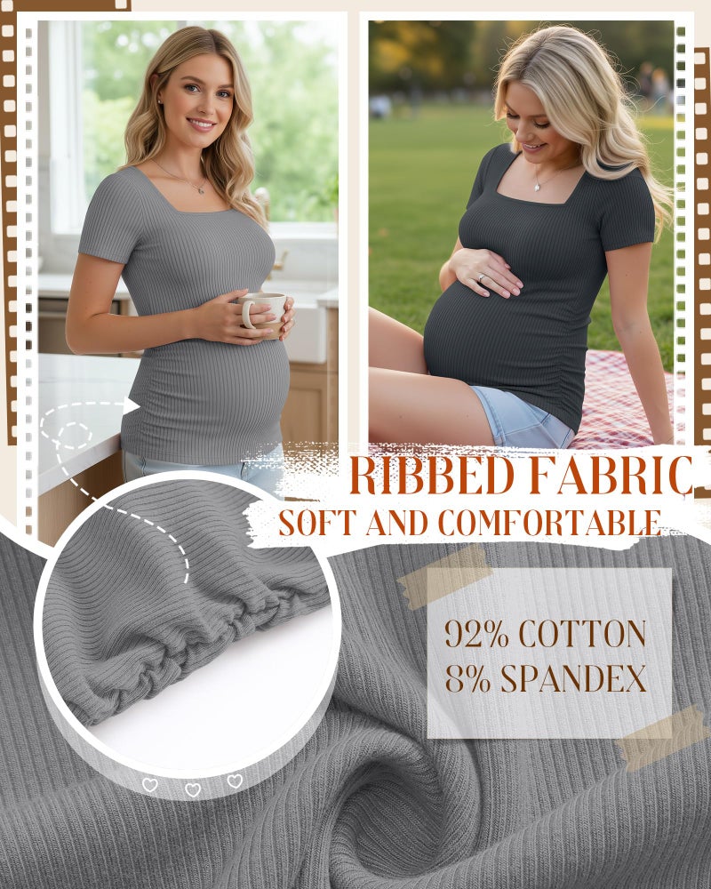 Huukeay 4 Pack Women's Maternity Shirts Cotton Ribbed Short Sleeve Square Neck Pregnancy Tops Side Ruched Summer Tee(Black, Dark Gray, Light Gary, White,Medium) - Image 5