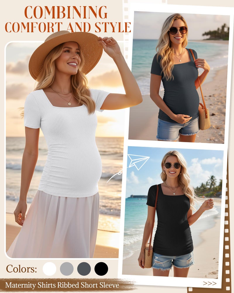 Huukeay 4 Pack Women's Maternity Shirts Cotton Ribbed Short Sleeve Square Neck Pregnancy Tops Side Ruched Summer Tee(Black, Dark Gray, Light Gary, White,Medium) - Image 2