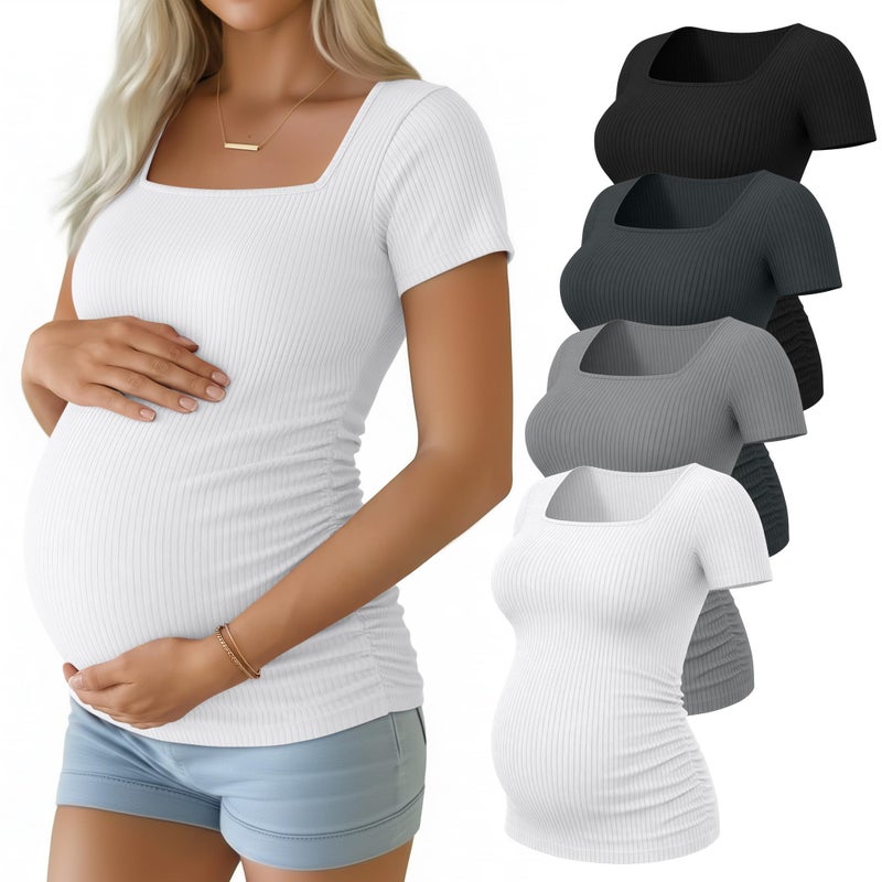 Huukeay 4 Pack Women's Maternity Shirts Cotton Ribbed Short Sleeve Square Neck Pregnancy Tops Side Ruched Summer Tee(Black, Dark Gray, Light Gary, White,Medium) - Image 1