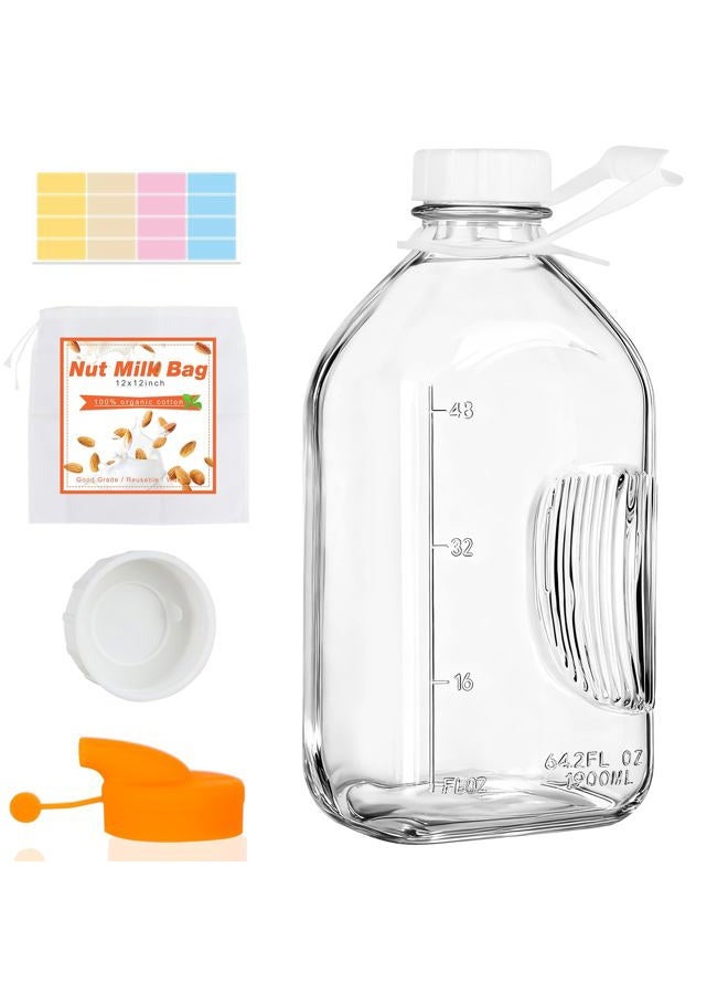 CARBLIN 2 Quart (64 Oz) Glass Milk Bottle with Handle, Water Jug with Scale/Nut Milk Bag/Pour Spout/Airtight Lid, Reusable Carafe Container Pitcher for Milk, Tea, Juice, Coffee Beverage-1/2 Gal 1 Pack - Image 1