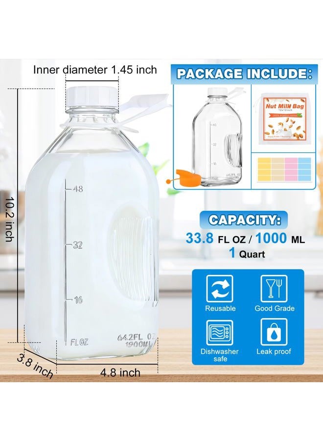 CARBLIN 2 Quart (64 Oz) Glass Milk Bottle with Handle, Water Jug with Scale/Nut Milk Bag/Pour Spout/Airtight Lid, Reusable Carafe Container Pitcher for Milk, Tea, Juice, Coffee Beverage-1/2 Gal 1 Pack - Image 3