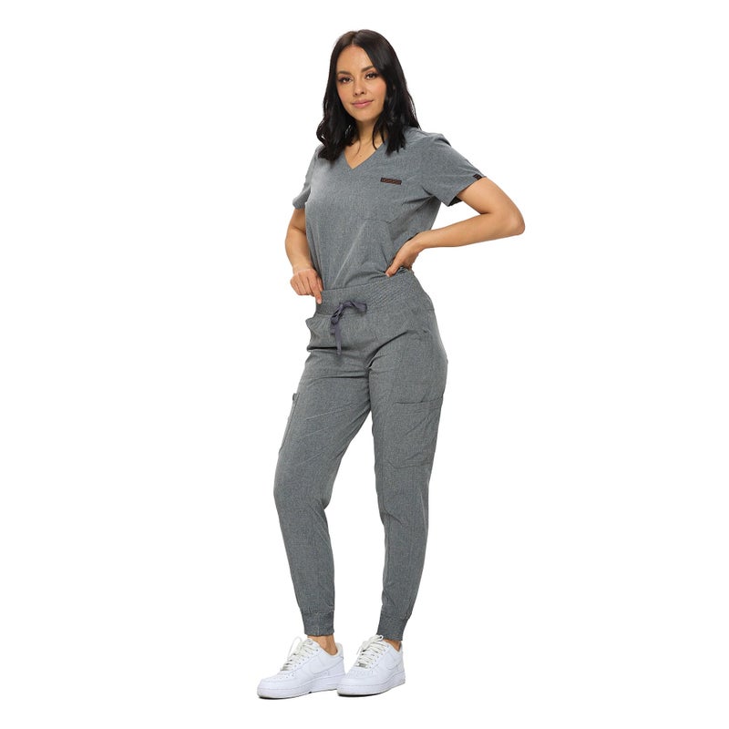 MONARCH UNIFORMS زي مونياركس ضيق مرن للسيدات مجموعة سراويل جوجر مع قميص مدسوس للسيدات (رمادي فاتح-XL) - Image 1