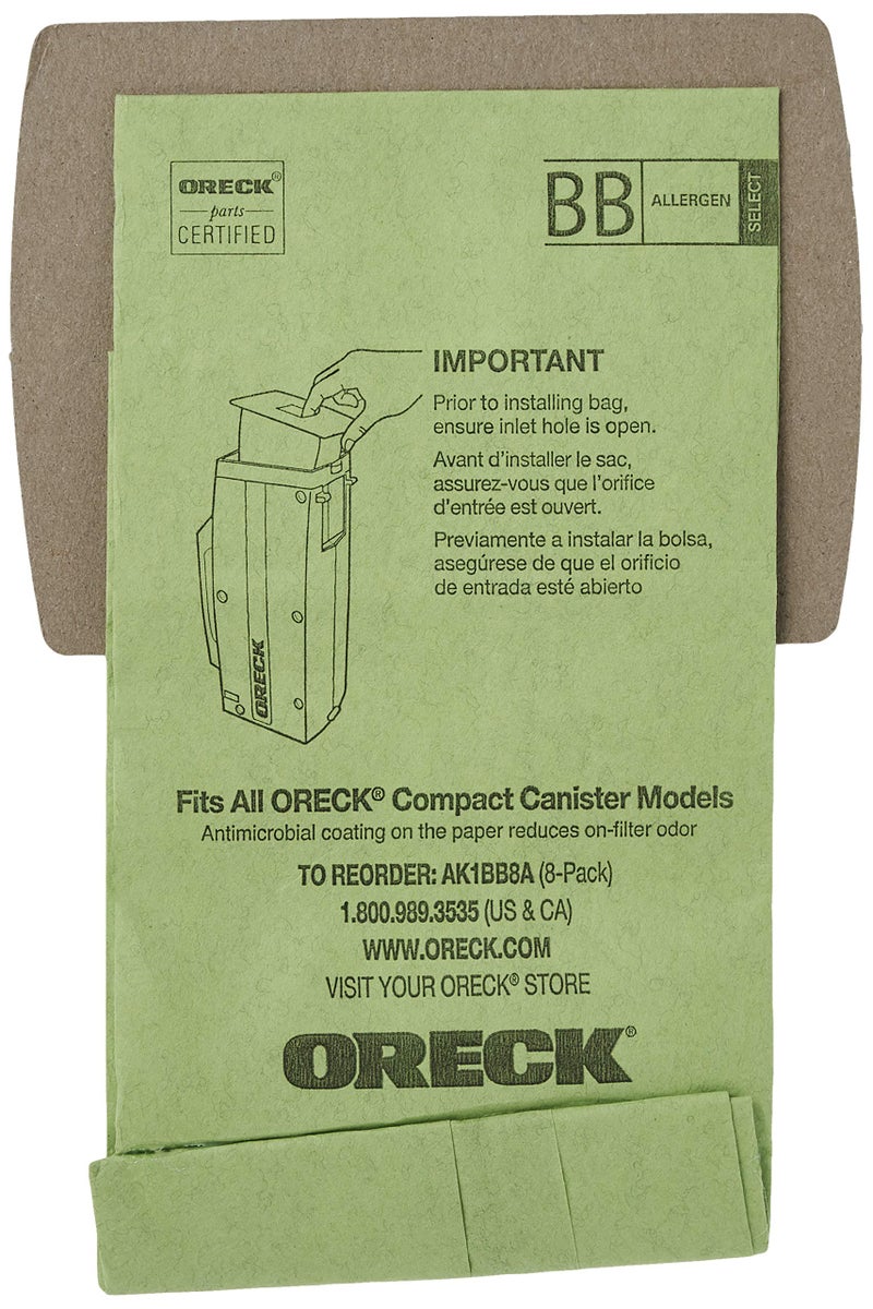 Oreck Vacuum Cleaner Bags for Buster B Canister Vacs, Pack of 8, Green, Type BB, Part # AK1BB8A, Oreck Vacuum Bags Refill - Image 1