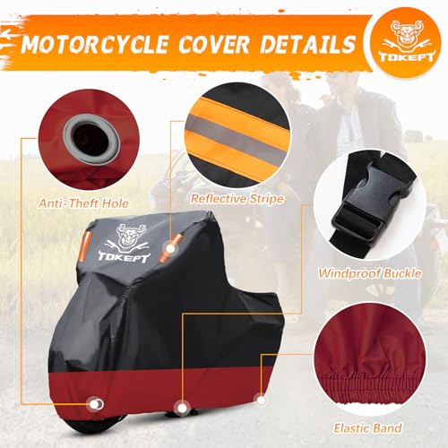 Tokept Motorcycle Cover Waterproof Outdoor, 210D Motorcycle Cover Heavy Duty Outdoor All Season Protection, Universal Scooter Cover with Night Reflective, Lock-Holes, Storage Bag (Up to 116") - Image 3