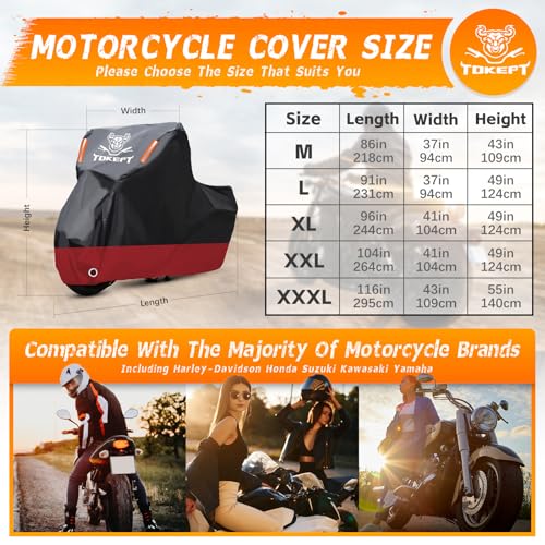 Tokept Motorcycle Cover Waterproof Outdoor, 210D Motorcycle Cover Heavy Duty Outdoor All Season Protection, Universal Scooter Cover with Night Reflective, Lock-Holes, Storage Bag (Up to 116") - Image 2
