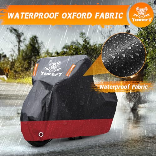 Tokept Motorcycle Cover Waterproof Outdoor, 210D Motorcycle Cover Heavy Duty Outdoor All Season Protection, Universal Scooter Cover with Night Reflective, Lock-Holes, Storage Bag (Up to 116") - Image 4