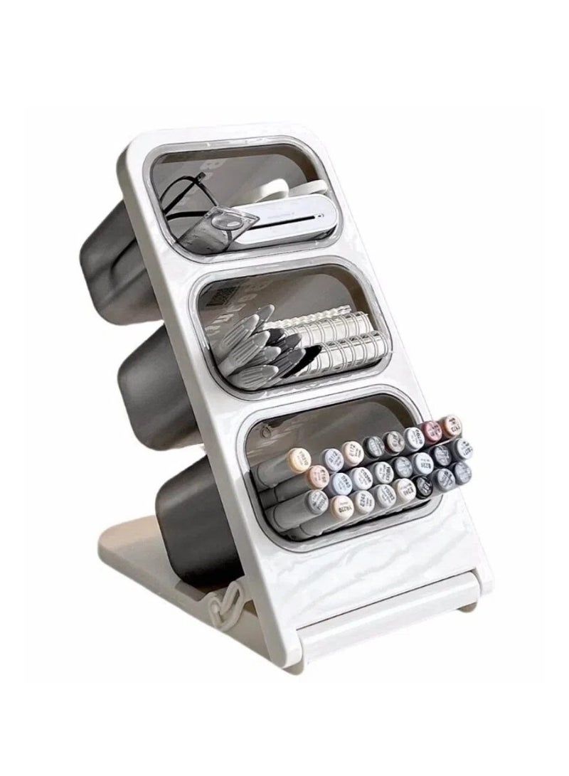 حامل أقلام رصاص للمكتب، منظم أقلام مكتبي بثلاث فتحات، صناديق أقلام بسعة كبيرة، حامل ملحقات المكتب، منظم تخزين فرش المكياج، منظم قرطاسية للمكتب والمدرسة واللوازم المنزلية، حامل أقلام وأكواب للمكتب ولوازم الفن المنزلي - Image 1