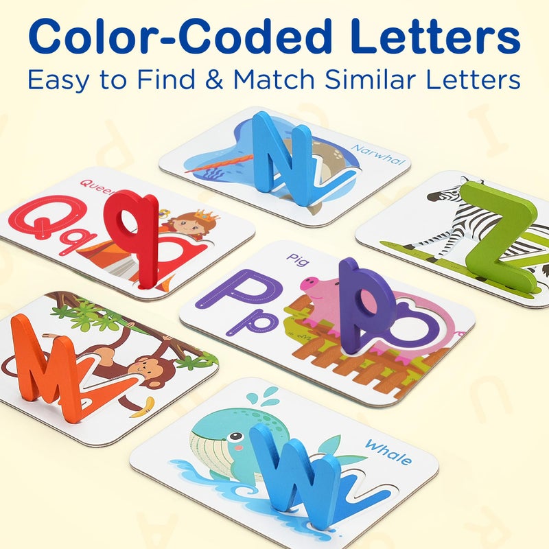 BenBen Alphabet Flash Cards, 52 Upper and Lowercase Wooden Letters, 26 Flashcards, Montessori ABC Learning Toys for Kids Ages 3-5, Preschool Learning Activities, Matching Game Puzzles - Image 3