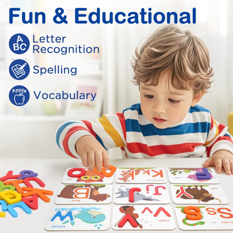 BenBen Alphabet Flash Cards, 52 Upper and Lowercase Wooden Letters, 26 Flashcards, Montessori ABC Learning Toys for Kids Ages 3-5, Preschool Learning Activities, Matching Game Puzzles - Image 5