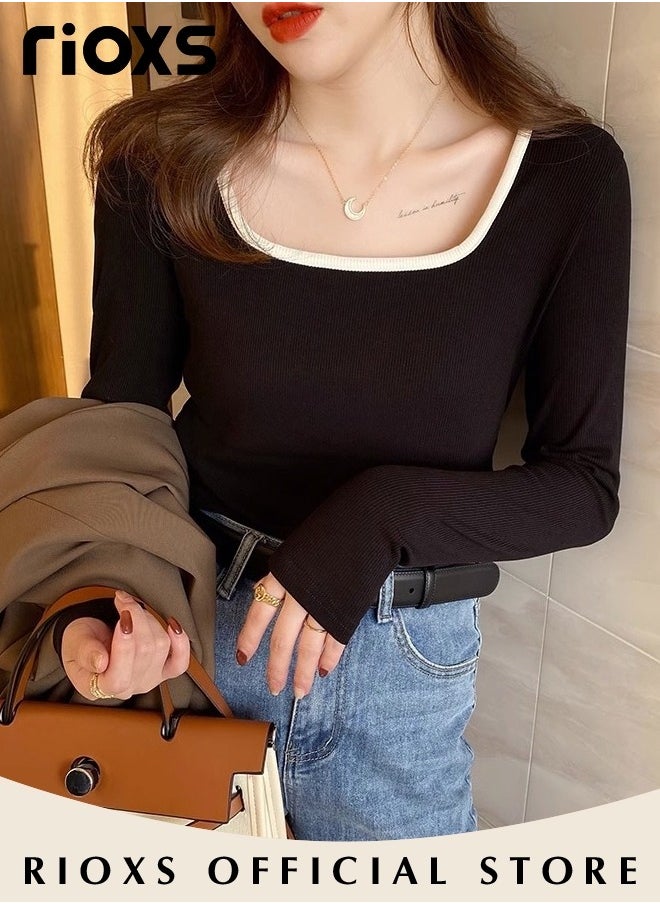RIOXS Women's Long Sleeve Basic Shirts, Comfortable Skin-friendly Slim Fitted Underscrub, Soft Stretchy Tops with Square Neck, Classic Simple Undershirt with Fitted Silhouette, Versatile Essential Piece that Can Adapt to Any Situation  - Image 4