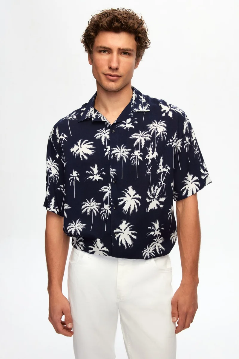 D'S DAMAT Relaxed Navy Blue Patterned Palm Tree Patterned Short Sleeve Summer Viscose Shirt 0HC02ORT10313