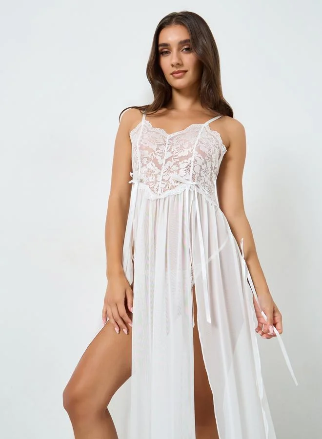 تايك تو فستان كامي شبكي سادة بتفاصيل دانتيل وتفاصيل فيونكة