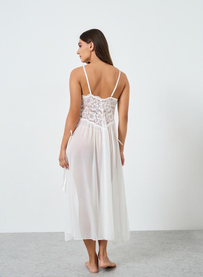 تايك تو فستان كامي شبكي سادة بتفاصيل دانتيل وتفاصيل فيونكة - Image 4