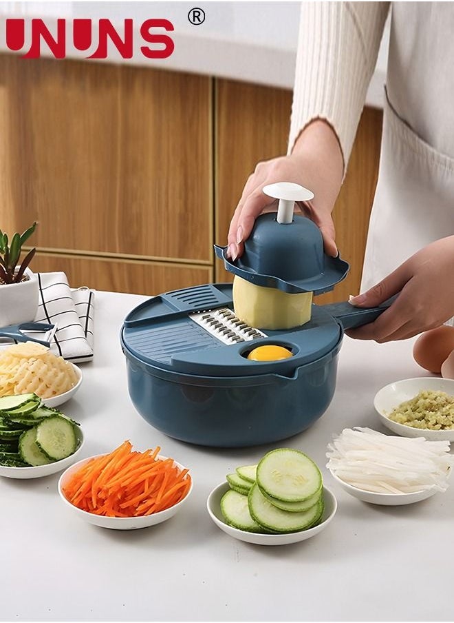 UNUNS 12 In 1 Vegetable Cutter,Leachable Vegetable Chopper With 6 Blades,Drain Basket ,Multipurpose Julienne Grater With Hand Guard For Ginger,Potatoes,Carrots  - Image 1