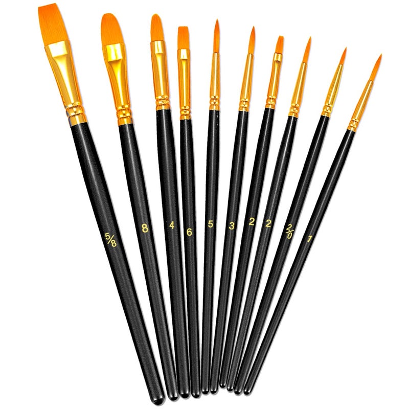 BOSOBO Paint Brushes Set, 10 Pieces Round Pointed Tip Paintbrushes Nylon Hair Artist Acrylic Paint Brushes for Acrylic Oil Watercolor, Face Nail Body Art, Miniature Detailing & Rock Painting, Black - Image 1