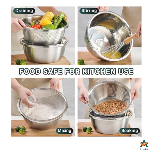 Alark Stainless Steel Colander with Bowl Set with Basin for Vegetable, Fruits, Pasta, Salad Mixing Heavy Duty Dishwasher Safe Kitchen Strainer, Washer, Drainer Basket Perforated Strainer Colander Set - Image 3