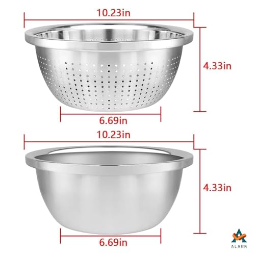 Alark Stainless Steel Colander with Bowl Set with Basin for Vegetable, Fruits, Pasta, Salad Mixing Heavy Duty Dishwasher Safe Kitchen Strainer, Washer, Drainer Basket Perforated Strainer Colander Set - Image 4