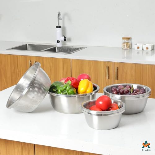 Alark Stainless Steel Colander with Bowl Set with Basin for Vegetable, Fruits, Pasta, Salad Mixing Heavy Duty Dishwasher Safe Kitchen Strainer, Washer, Drainer Basket Perforated Strainer Colander Set - Image 5
