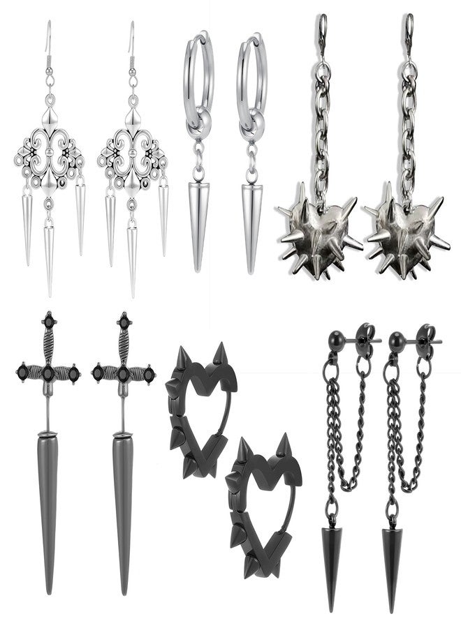 Dhdfisd Goth Earrings Set Y2K Heart Spike Black Gothic Emo Sword Rock Punk Chain Dangle Earrings for Women Men 6 Pairs, various, Metal Copper, No Gemstone - Image 1