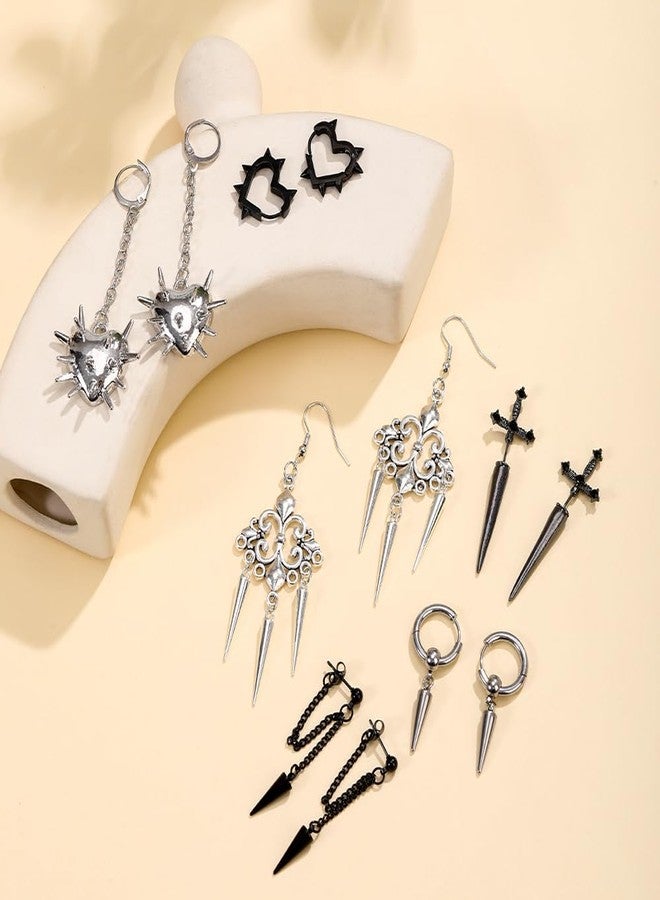 Dhdfisd Goth Earrings Set Y2K Heart Spike Black Gothic Emo Sword Rock Punk Chain Dangle Earrings for Women Men 6 Pairs, various, Metal Copper, No Gemstone - Image 3