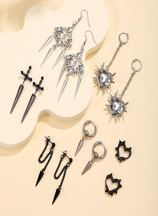 Dhdfisd Goth Earrings Set Y2K Heart Spike Black Gothic Emo Sword Rock Punk Chain Dangle Earrings for Women Men 6 Pairs, various, Metal Copper, No Gemstone - Image 2