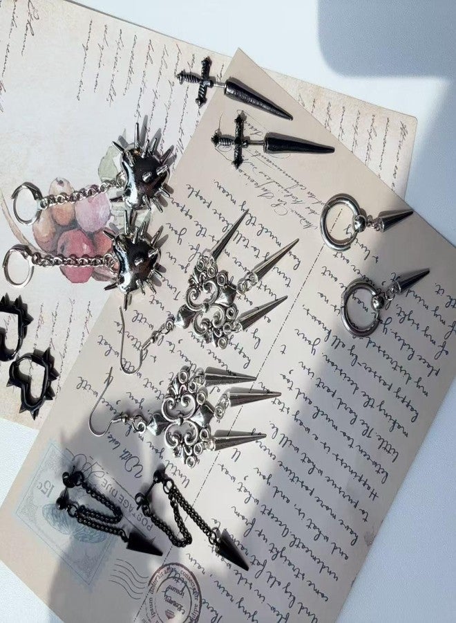 Dhdfisd Goth Earrings Set Y2K Heart Spike Black Gothic Emo Sword Rock Punk Chain Dangle Earrings for Women Men 6 Pairs, various, Metal Copper, No Gemstone - Image 5