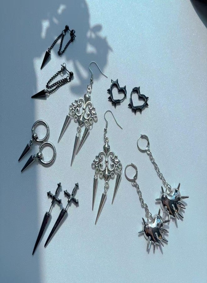 Dhdfisd Goth Earrings Set Y2K Heart Spike Black Gothic Emo Sword Rock Punk Chain Dangle Earrings for Women Men 6 Pairs, various, Metal Copper, No Gemstone - Image 4